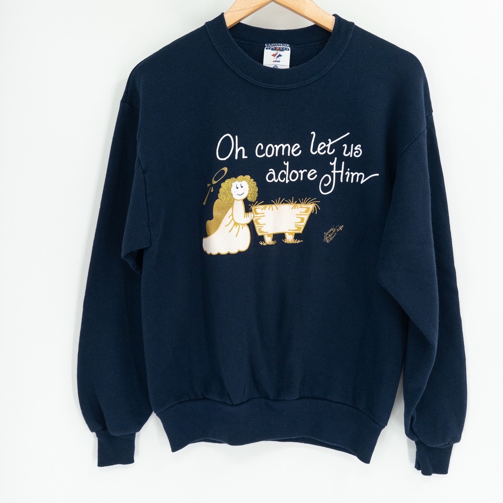 Vintage 90s Angel Sweatshirt Womens M Navy Christmas Christian Granny Nativity